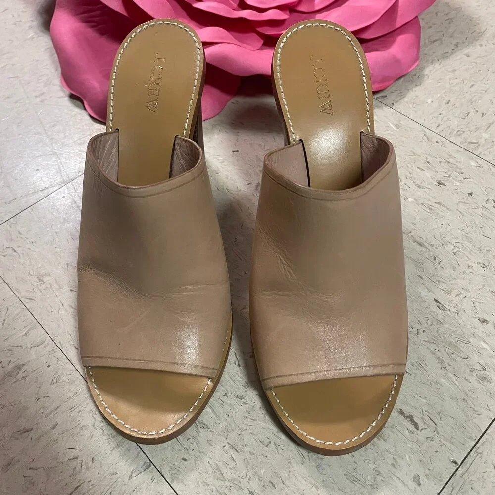 J CREW Nude/Beige MARLOW Leather Block Heeled Open‎ Toe Mules Sandals